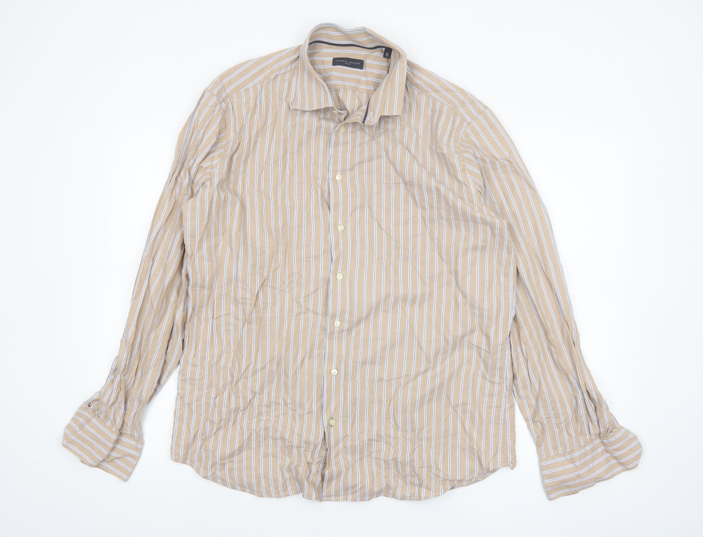Tommy Hilfiger Mens Beige Striped Long Sleeve Cotton Shirt 16in