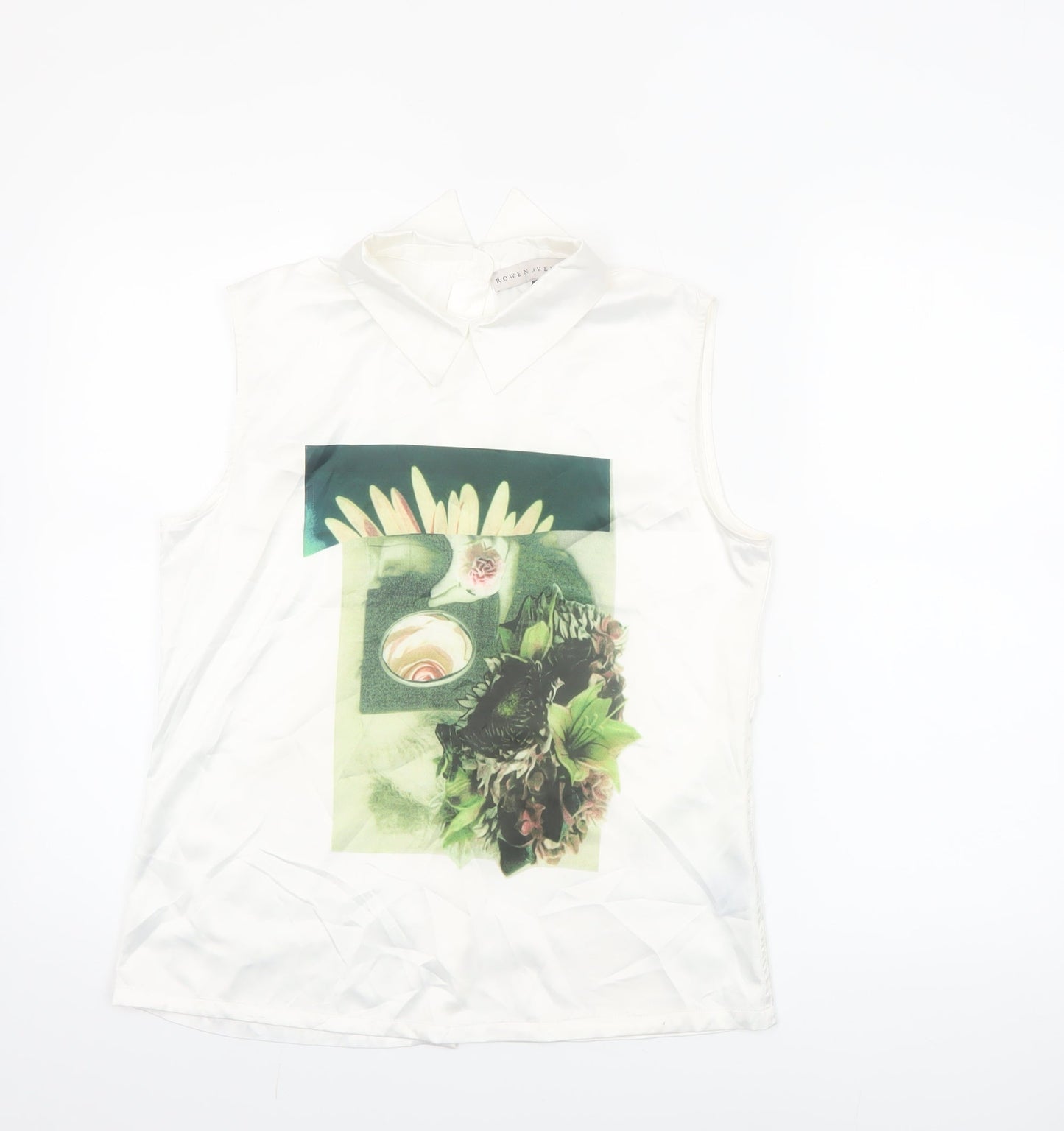Rowen Avenue Women’s White Sleeveless Collared Floral Blouse Size 10