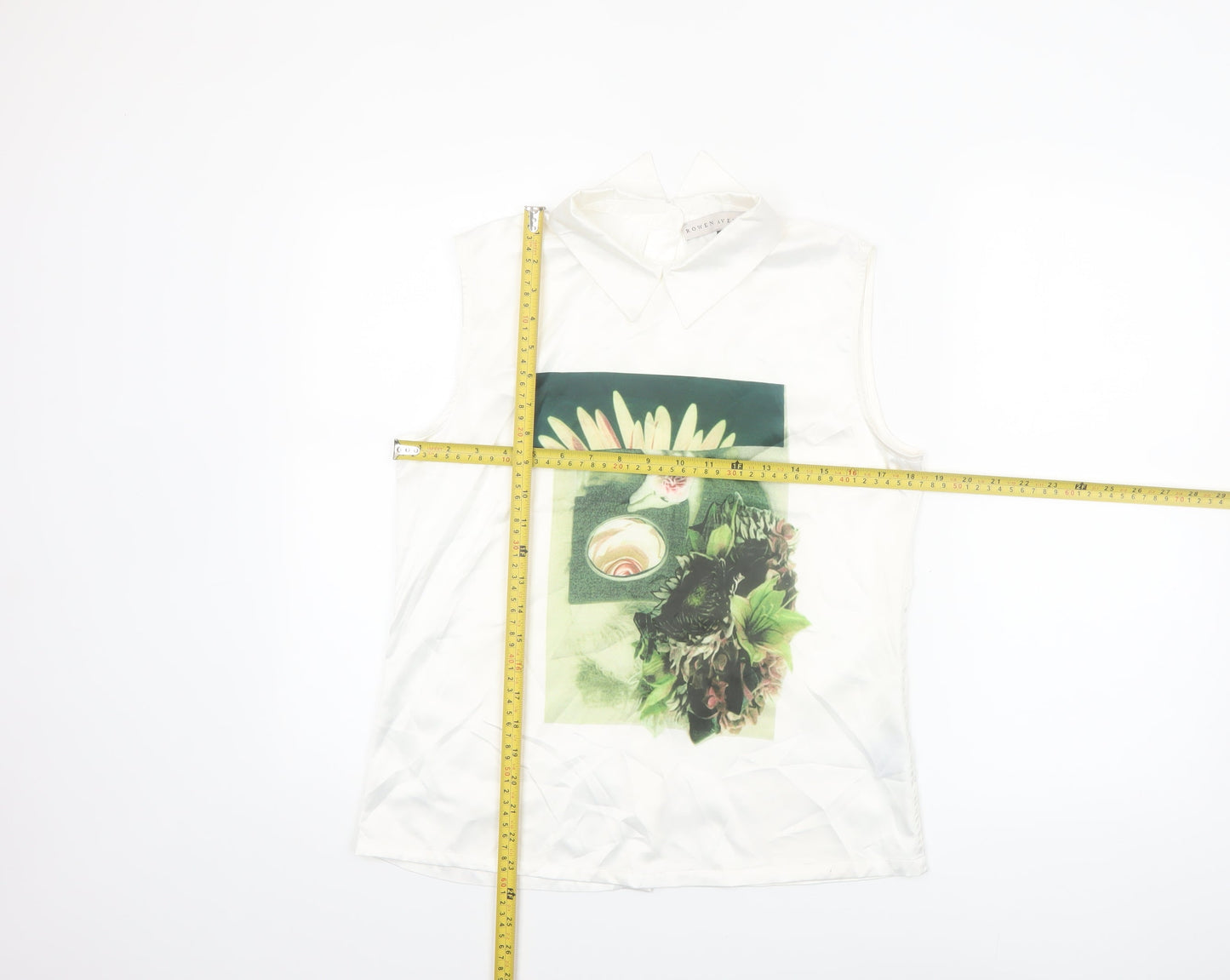 Rowen Avenue Women’s White Sleeveless Collared Floral Blouse Size 10