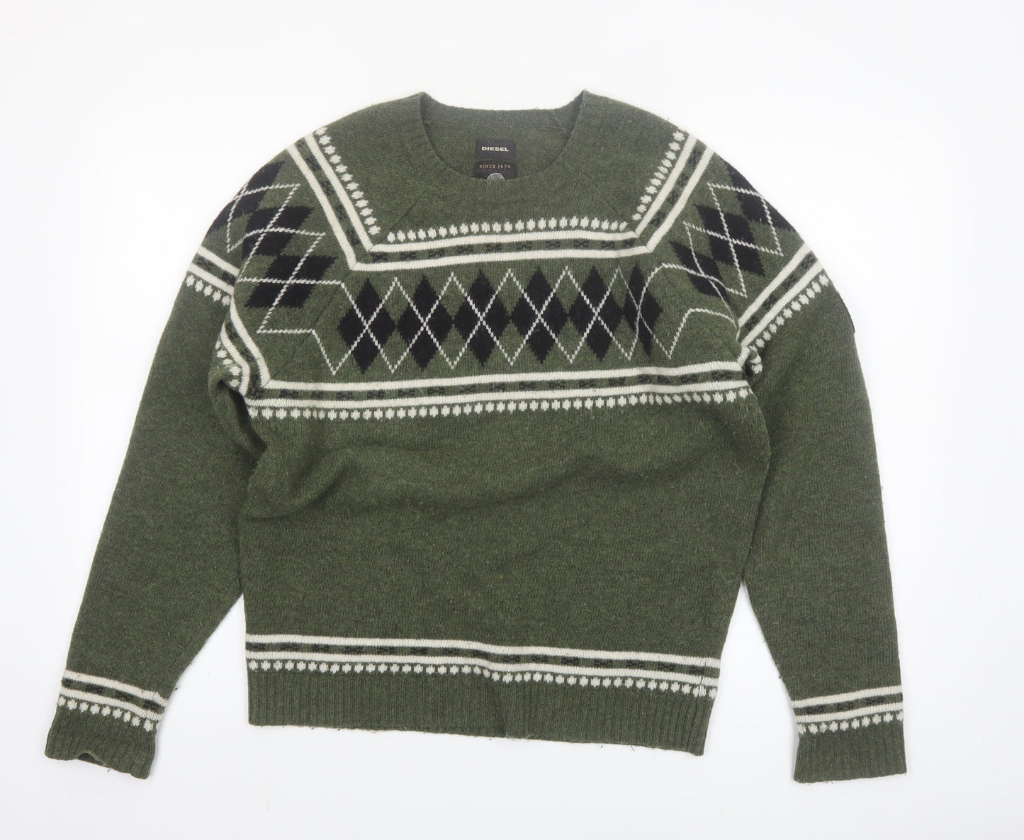 Diesel Men's Green Wool Argyle Crew Neck Jumper Size M