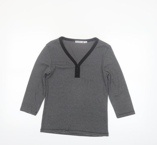 Poppy Women’s Black Striped V-Neck 3/4 Sleeve T-Shirt Size 10