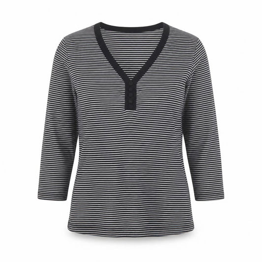 Poppy Women’s Black Striped V-Neck 3/4 Sleeve T-Shirt Size 10