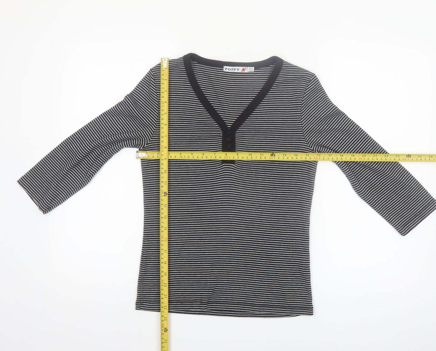 Poppy Women’s Black Striped V-Neck 3/4 Sleeve T-Shirt Size 10
