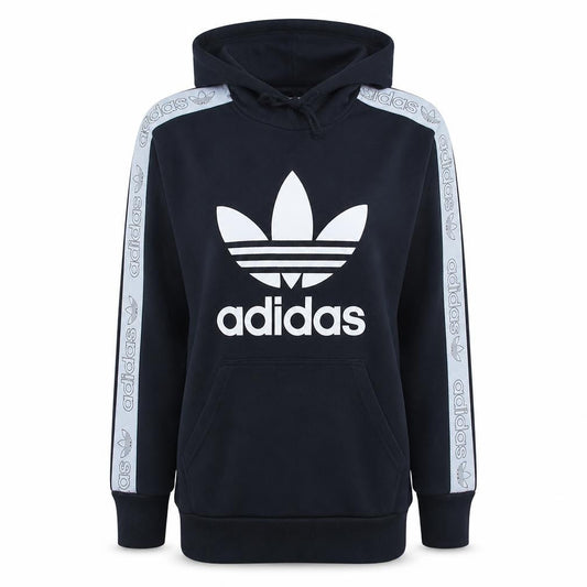 Front view of Adidas women’s black xs pullover hoodie with logo trim
