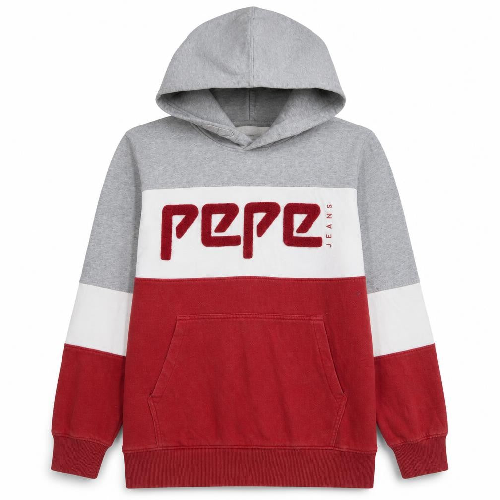 Pepe Jeans Boys Grey Red Colourblock Hoodie Sweatshirt Size 18 Years