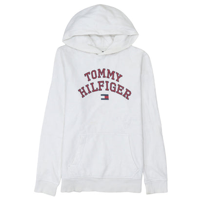Additional front view of Tommy Hilfiger boys’ white pullover hoodie, size 176, logo hooded sweatshirt