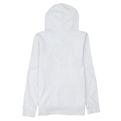 Brand and care label for Tommy Hilfiger boys’ white pullover hoodie, size 176, logo hooded sweatshirt