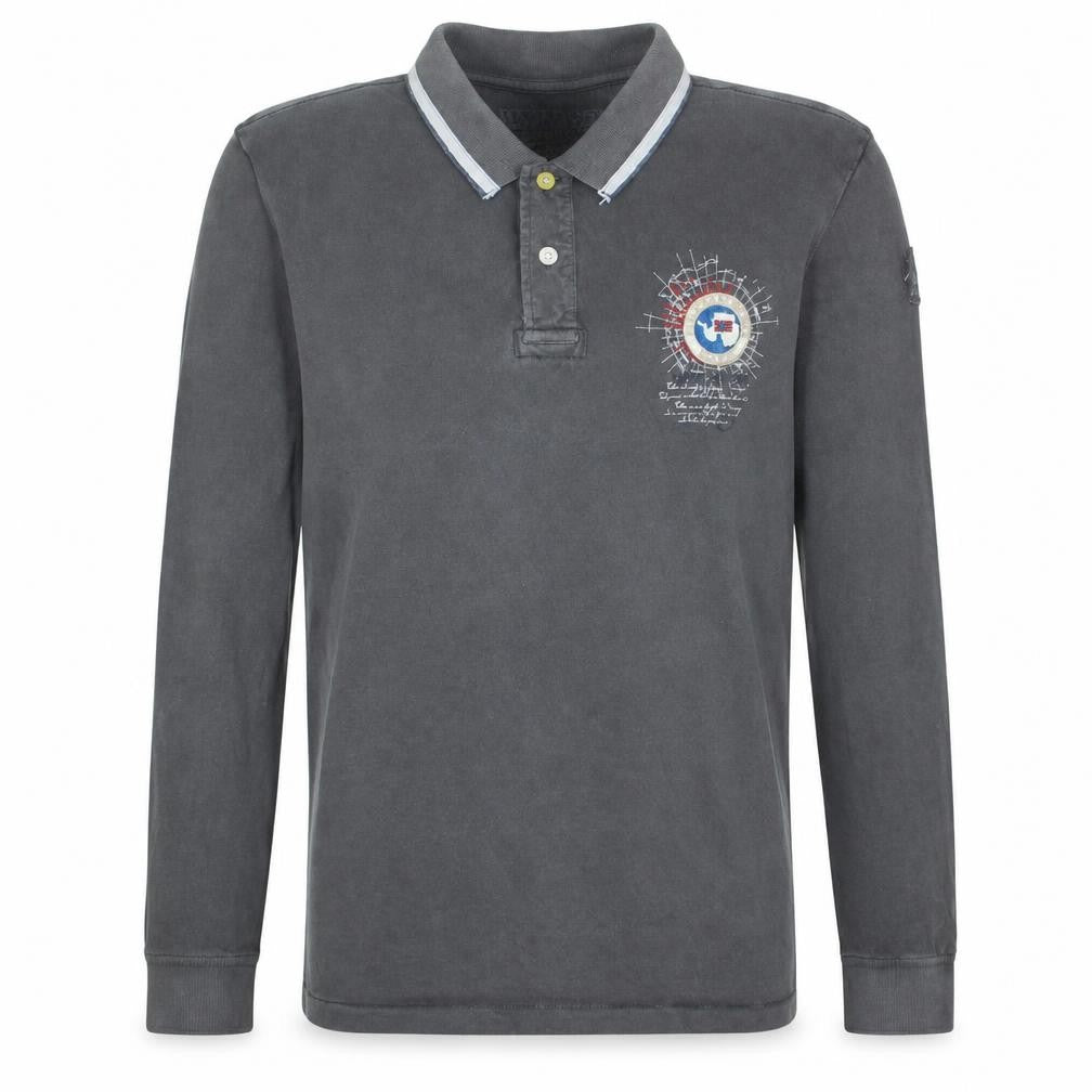 Napapijri Men's Grey Long Sleeve Polo Shirt Size L Cotton Embroidered