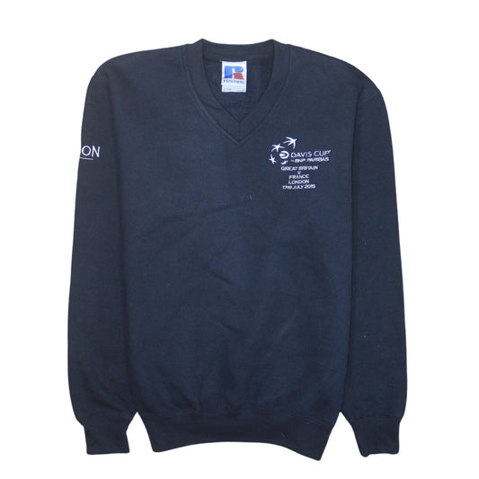 Russell Men's Black V-Neck Pullover Sweatshirt S Embroidered Davis Cup Logo