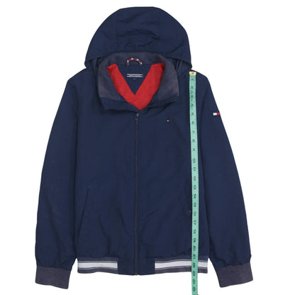 Close-up detail of Tommy Hilfiger boys’ blue hooded windbreaker jacket, size 14, years