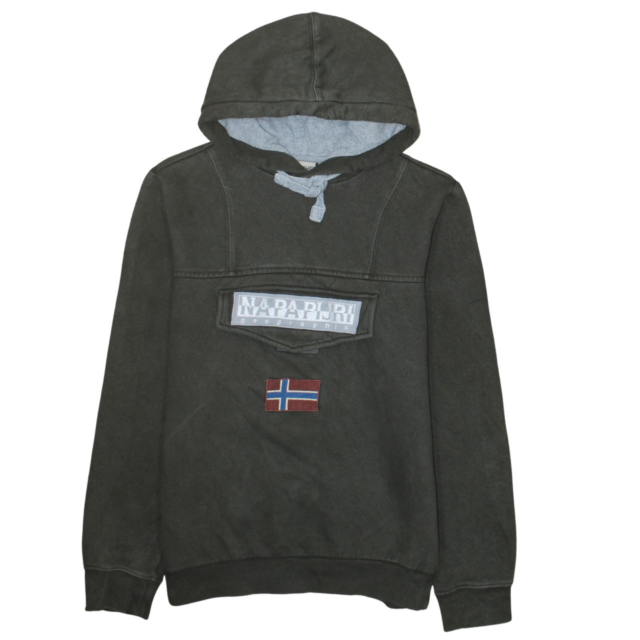 Napapijri Men's Grey Pullover Hoodie M Embroidered Logo Flag Design
