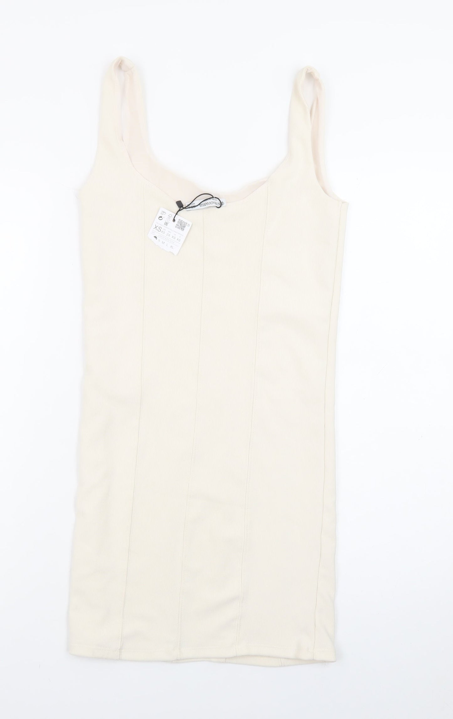 Stradivarius Women Ivory XS Bodycon Sleeveless Knit Short Dress