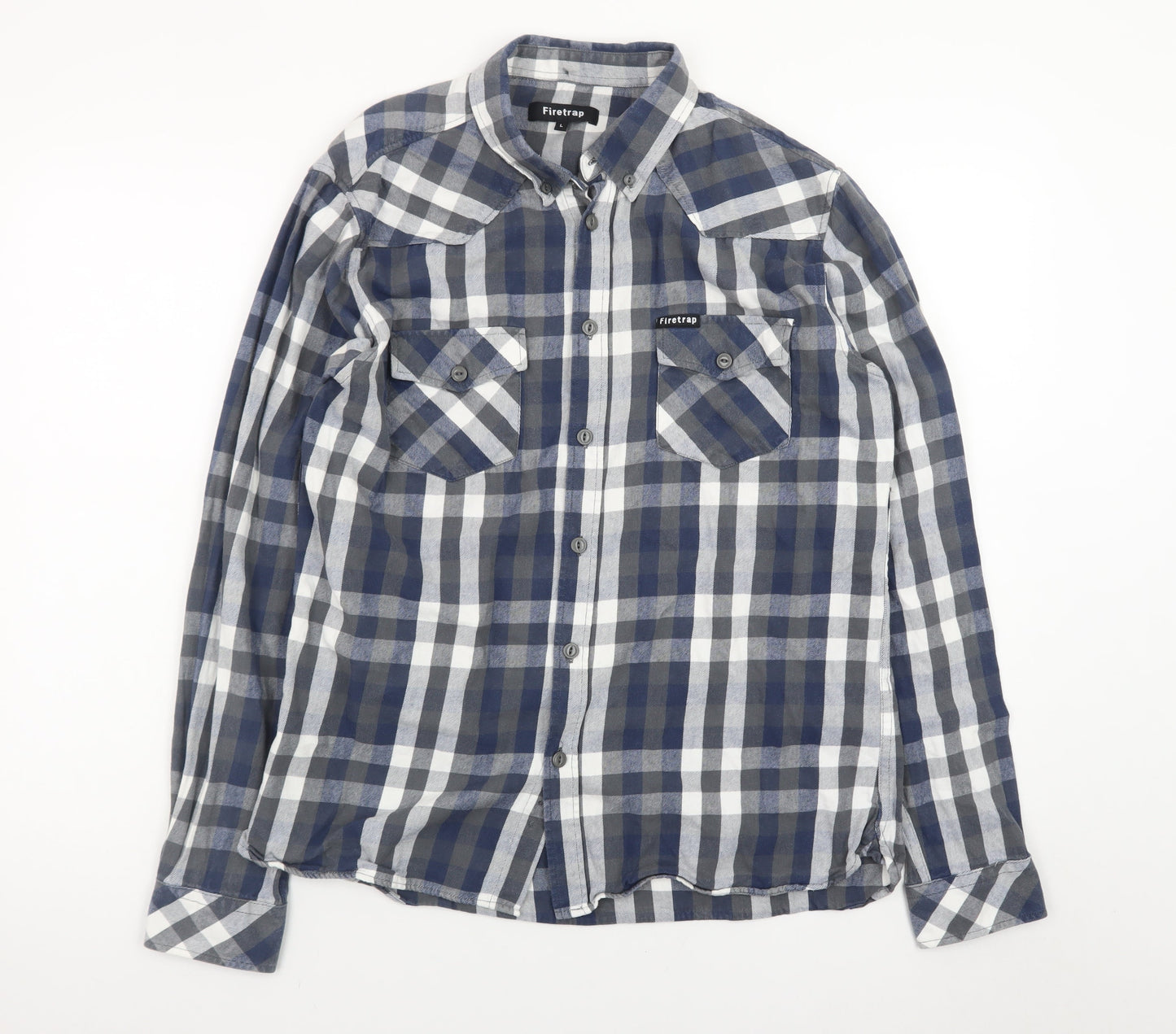 Firetrap Men's Blue Check Flannel Long Sleeve Button-Up Shirt L