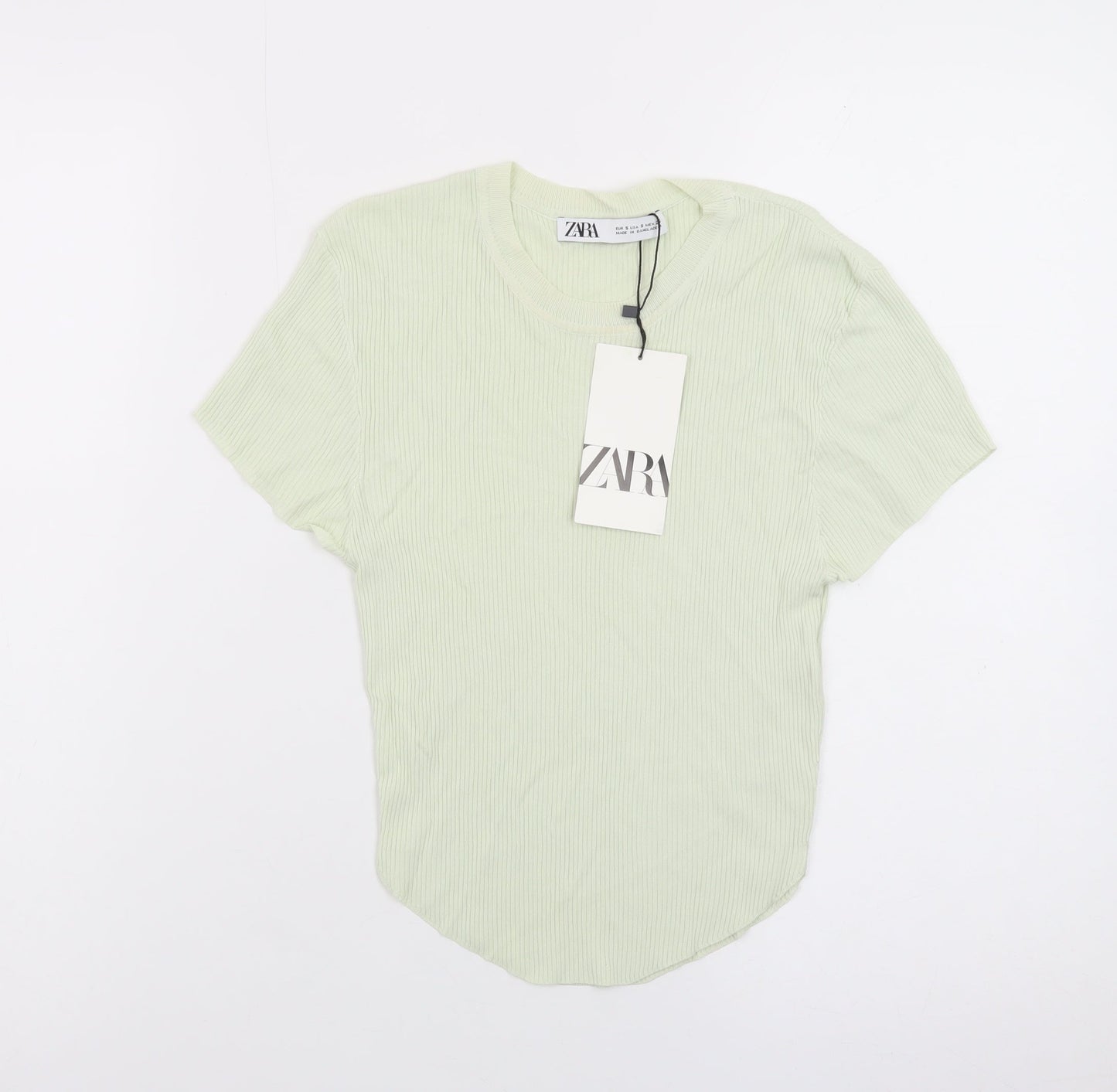 Zara Women Green Short Sleeve Ribbed Knit T-Shirt Size S