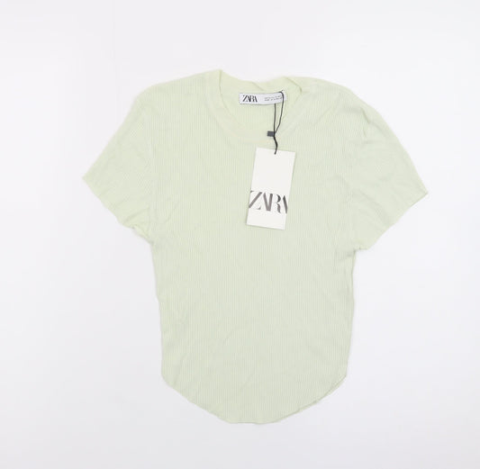 Zara Women Green Short Sleeve Ribbed Knit T-Shirt Size S