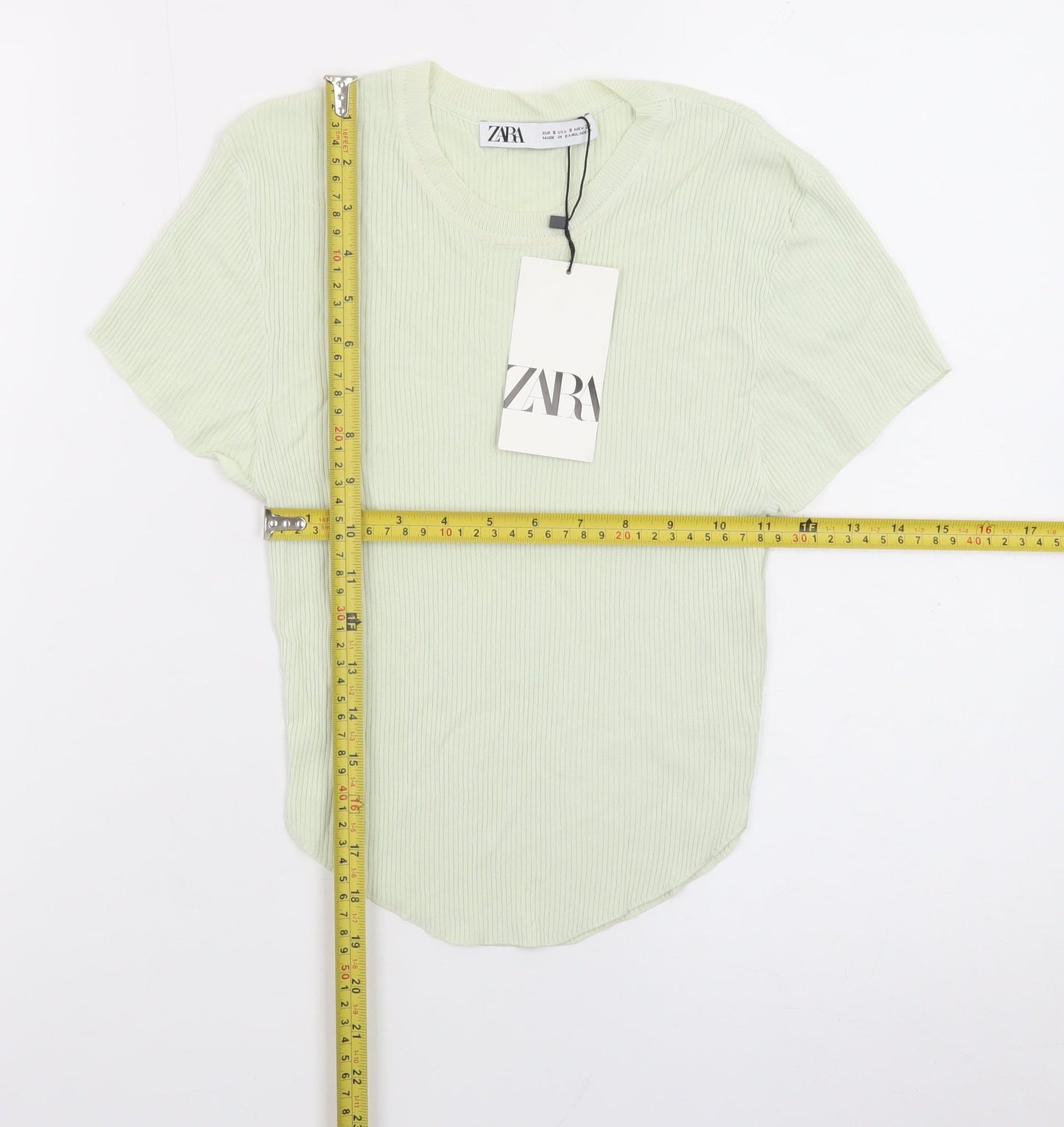 Zara Women Green Short Sleeve Ribbed Knit T-Shirt Size S