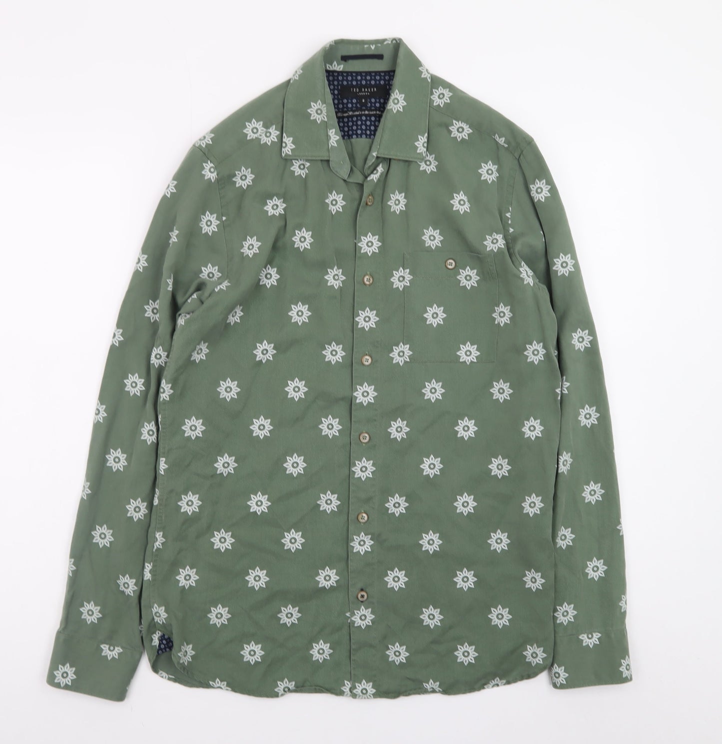 Ted Baker Men's Green Geometric Print Long Sleeve Cotton Shirt Size M
