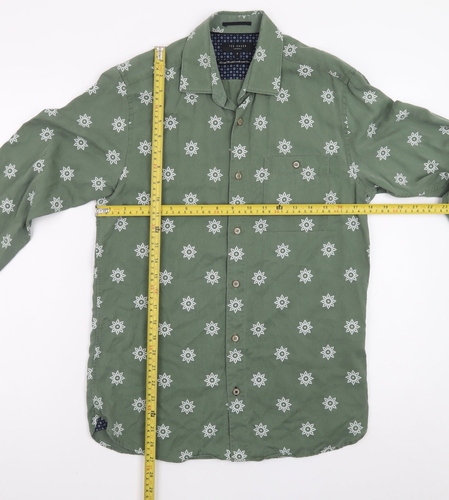 Ted Baker Men's Green Geometric Print Long Sleeve Cotton Shirt Size M