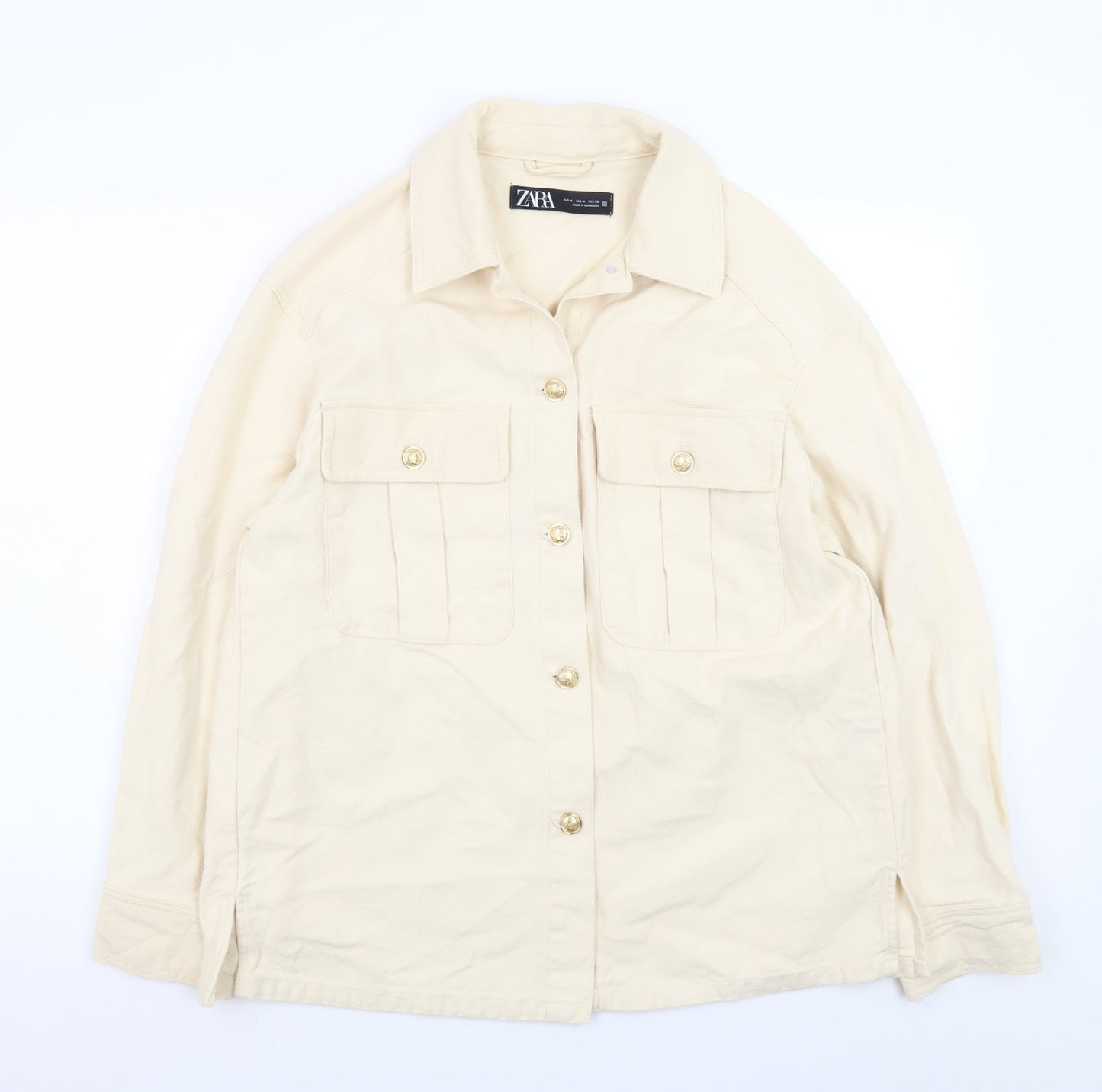 ZARA Women Beige Cotton Button Up Mid-Length Jacket Size 12