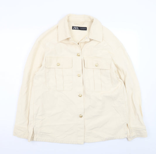 ZARA Women Beige Cotton Button Up Mid-Length Jacket Size 12