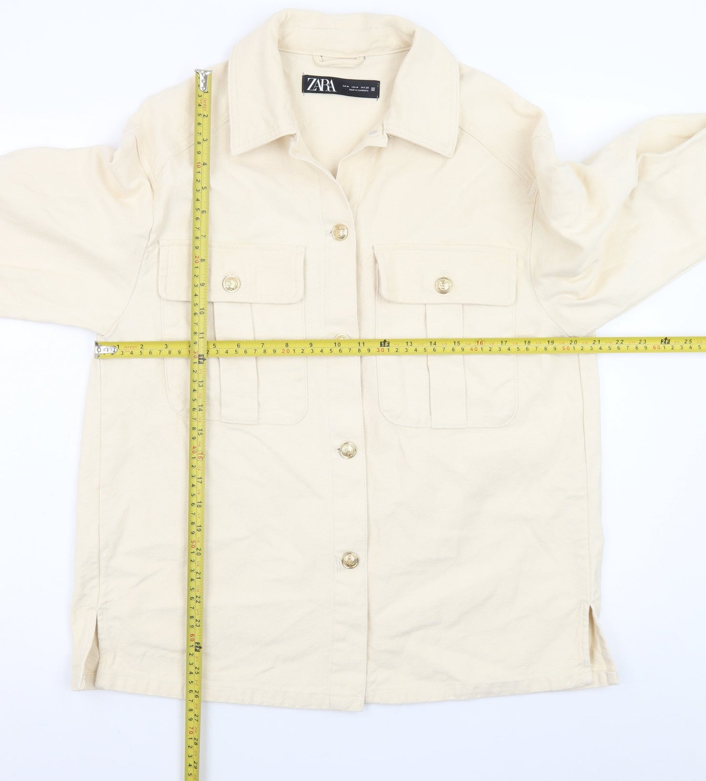 ZARA Women Beige Cotton Button Up Mid-Length Jacket Size 12