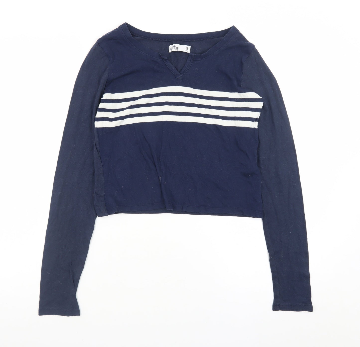Hollister Womens Blue Striped Cropped Long Sleeve V-Neck T-Shirt XS