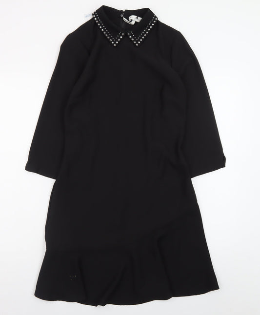 Warehouse Women Black Size 6 Shift Dress Beaded Collar 3/4 Sleeve