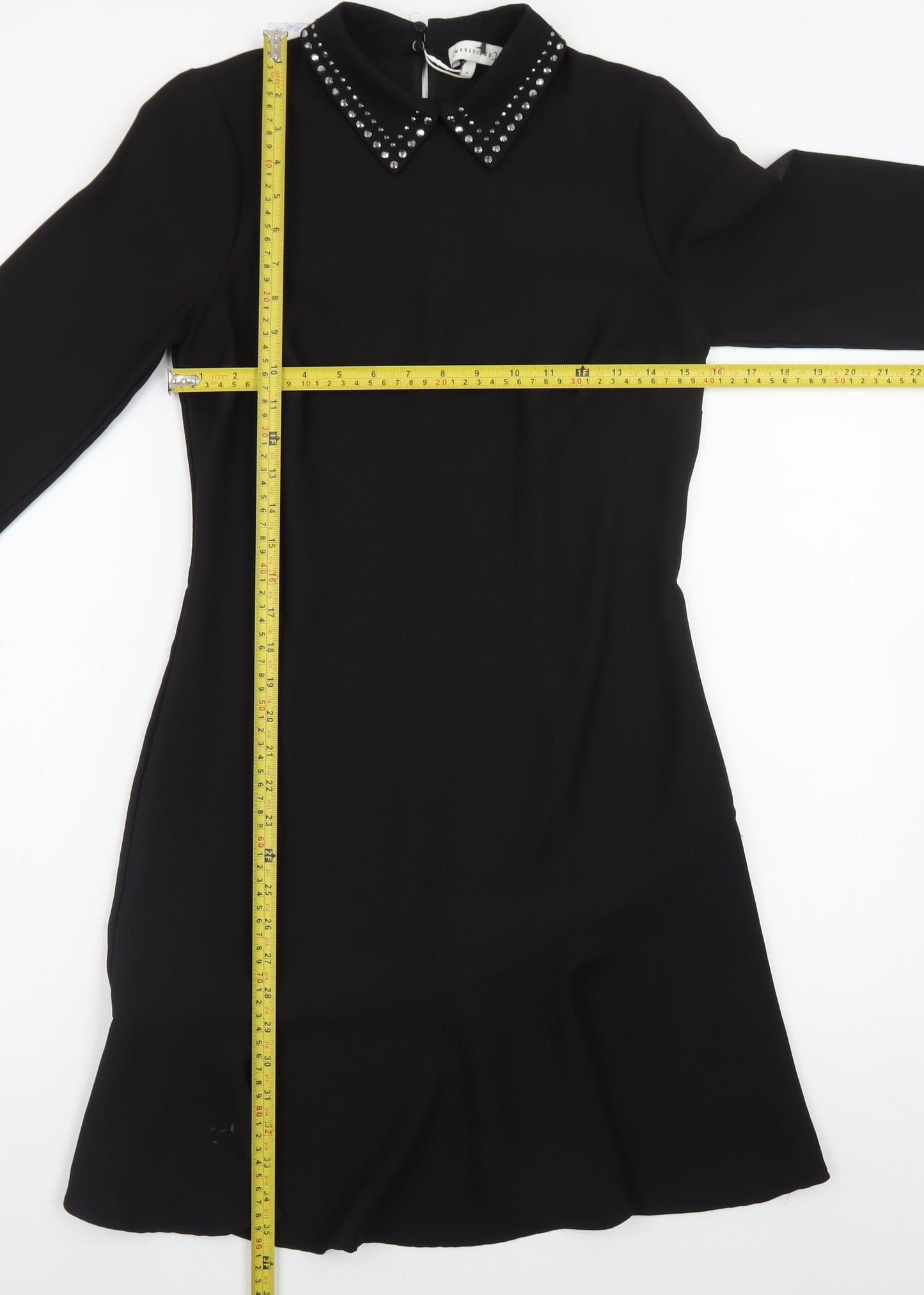 Warehouse Women Black Size 6 Shift Dress Beaded Collar 3/4 Sleeve