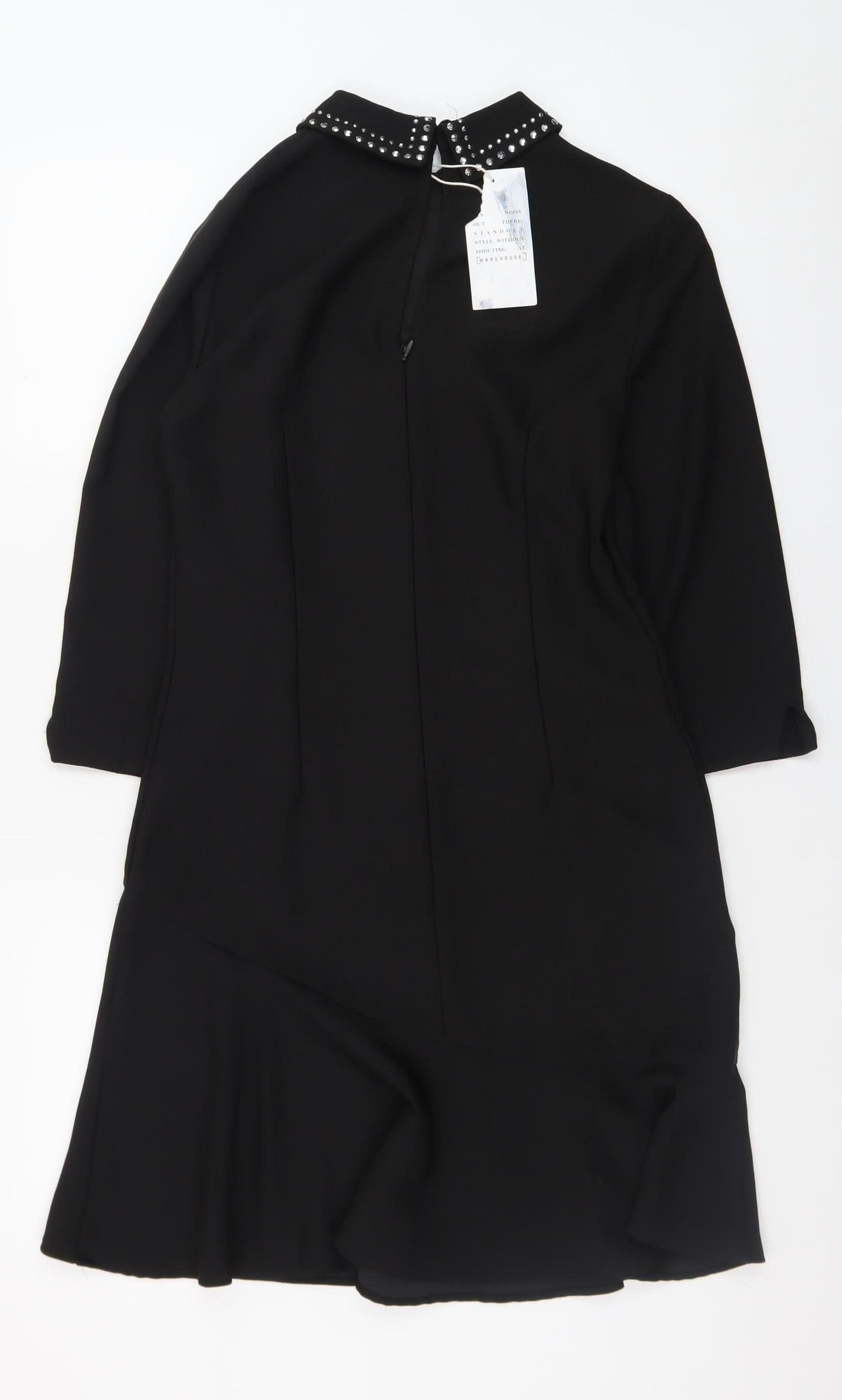 Warehouse Women Black Size 6 Shift Dress Beaded Collar 3/4 Sleeve