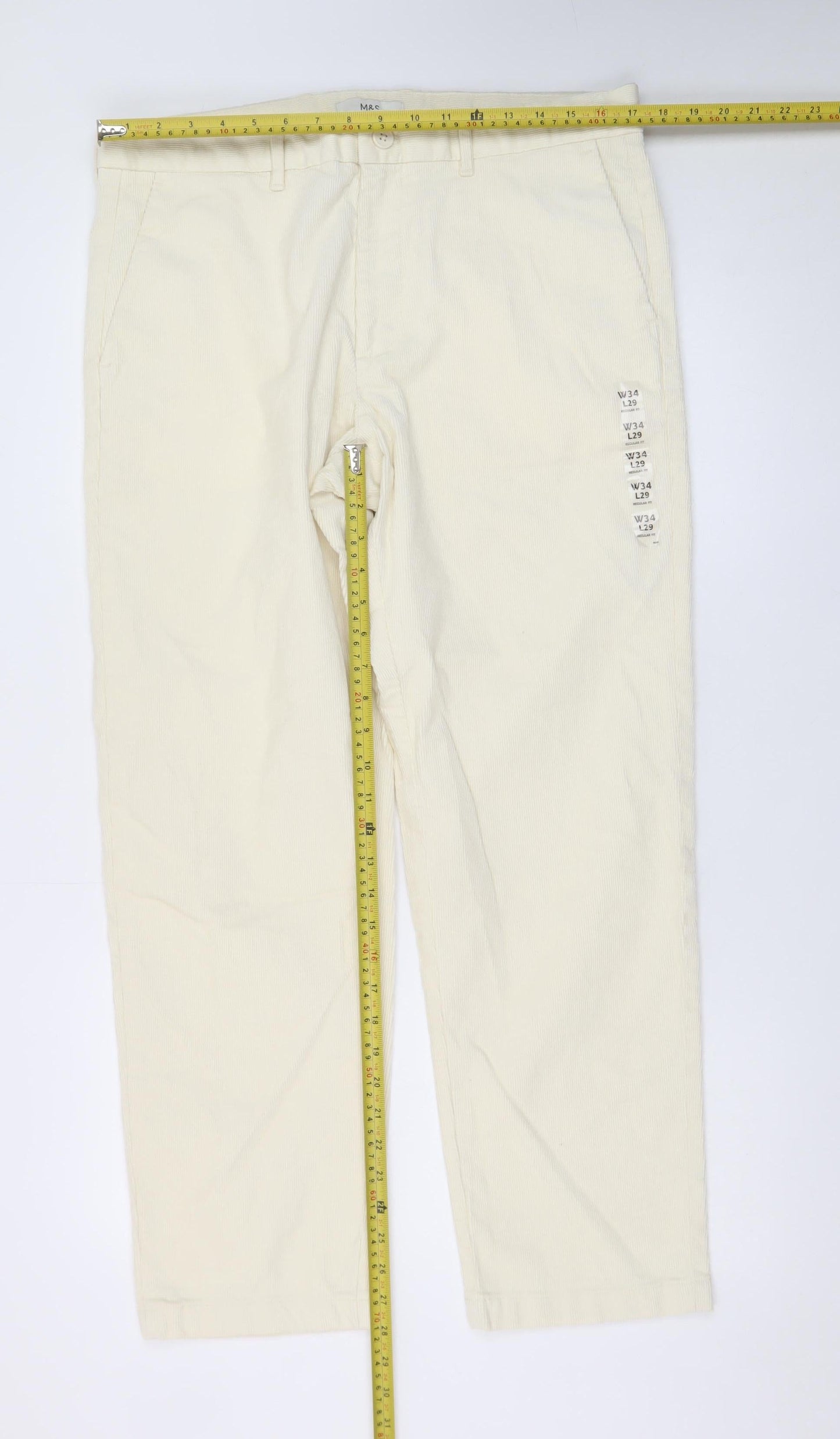 Marks and Spencer Men's Ivory Corduroy Chino Trousers 34W 29L Regular Fit