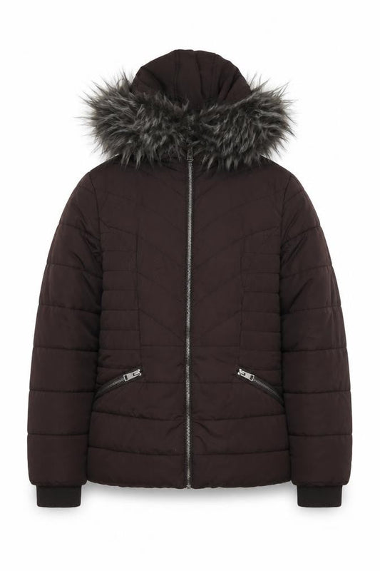 Front view of New Look 915 girls’ brown faux fur hooded puffer jacket age 12-13 years