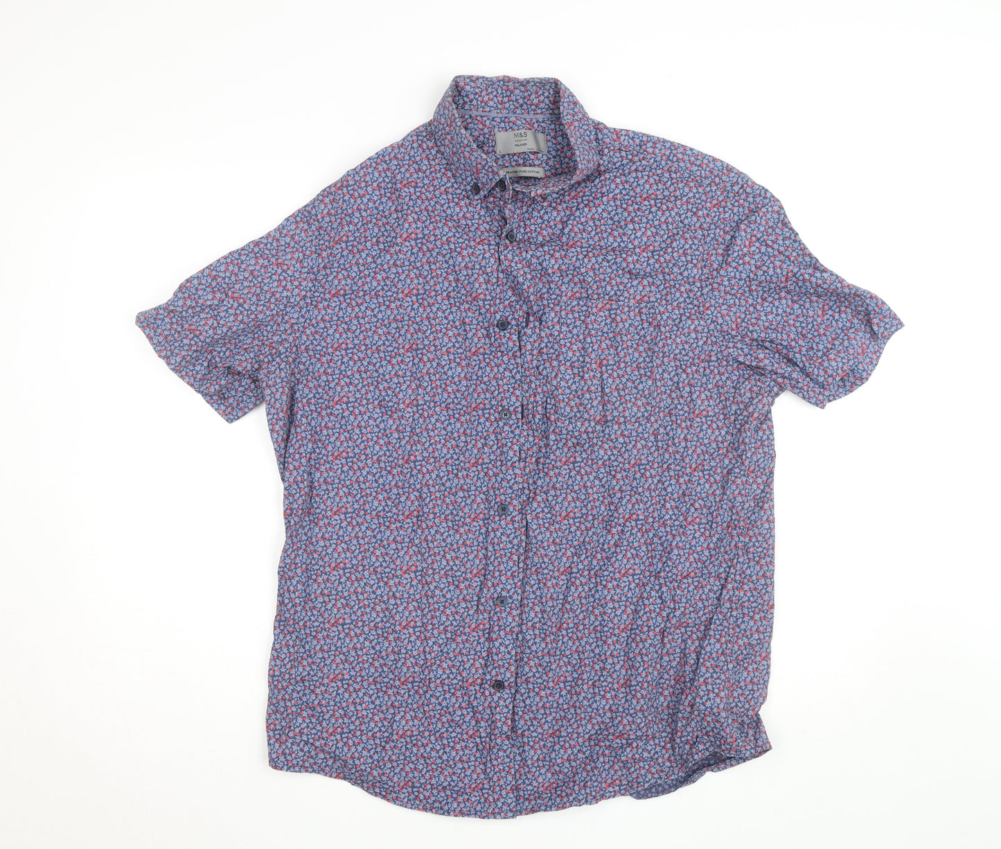 Marks and Spencer Men's Blue Floral Cotton Short Sleeve Relaxed Fit Shirt Size L