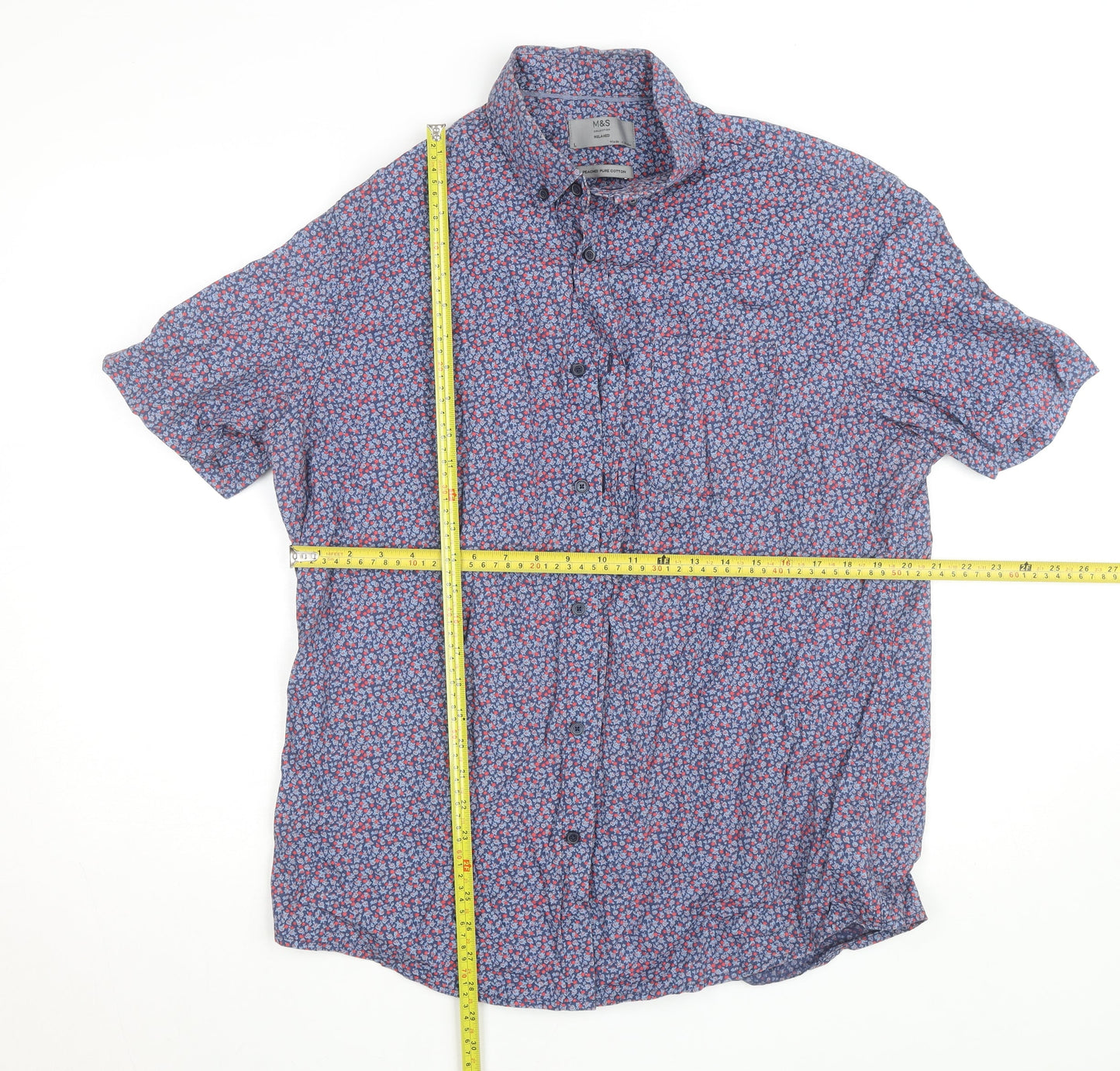 Marks and Spencer Men's Blue Floral Cotton Short Sleeve Relaxed Fit Shirt Size L