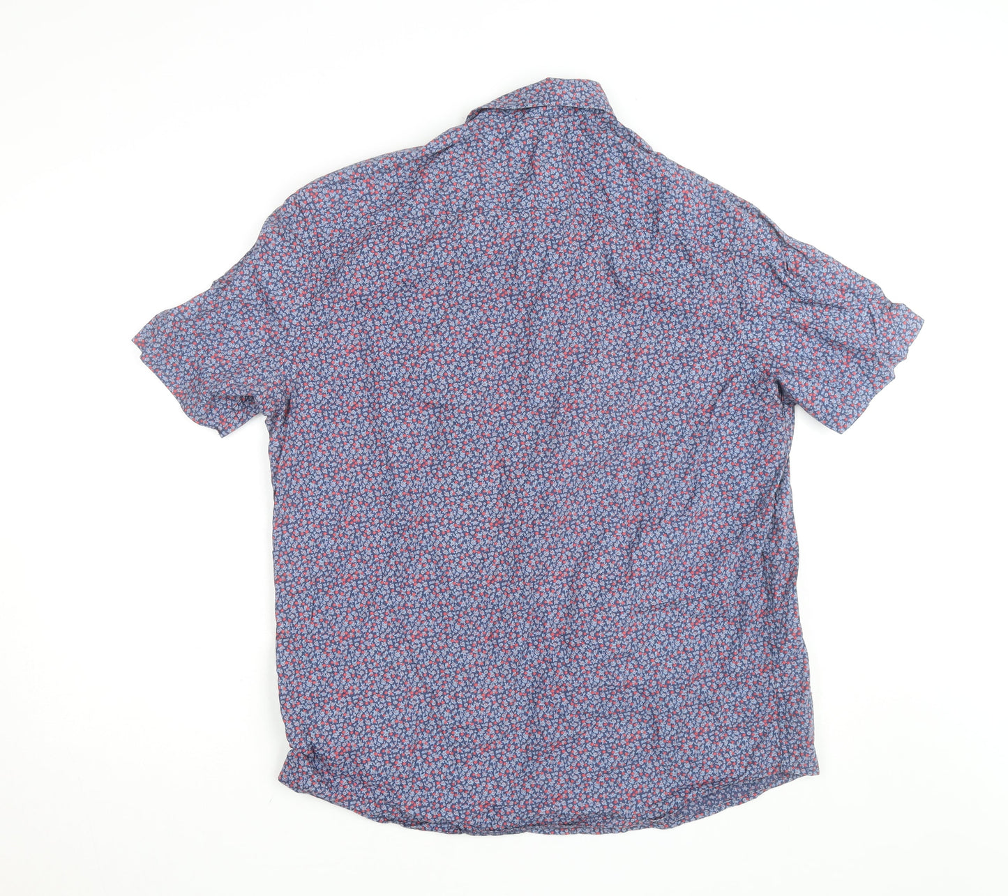 Marks and Spencer Men's Blue Floral Cotton Short Sleeve Relaxed Fit Shirt Size L
