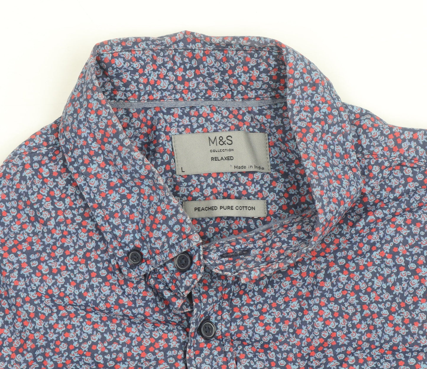 Marks and Spencer Men's Blue Floral Cotton Short Sleeve Relaxed Fit Shirt Size L