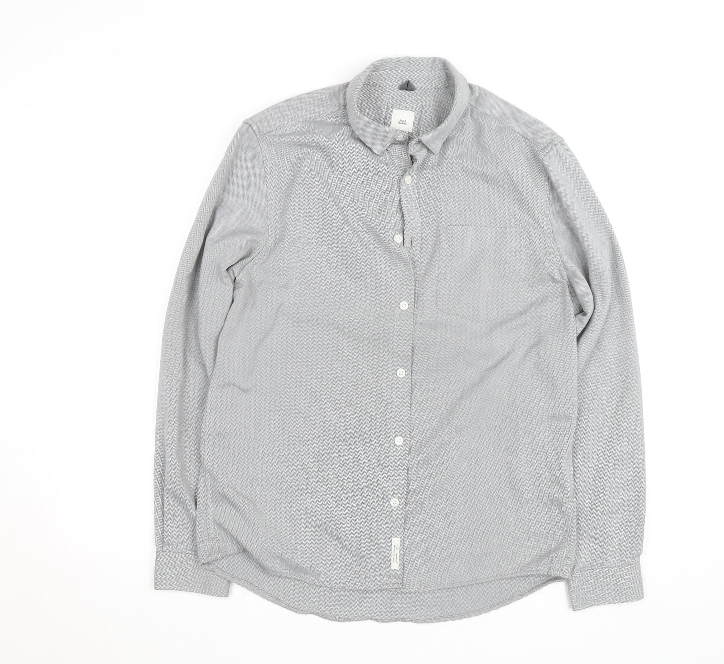 River Island Men's Grey Herringbone Cotton Long Sleeve Button-Up Shirt M