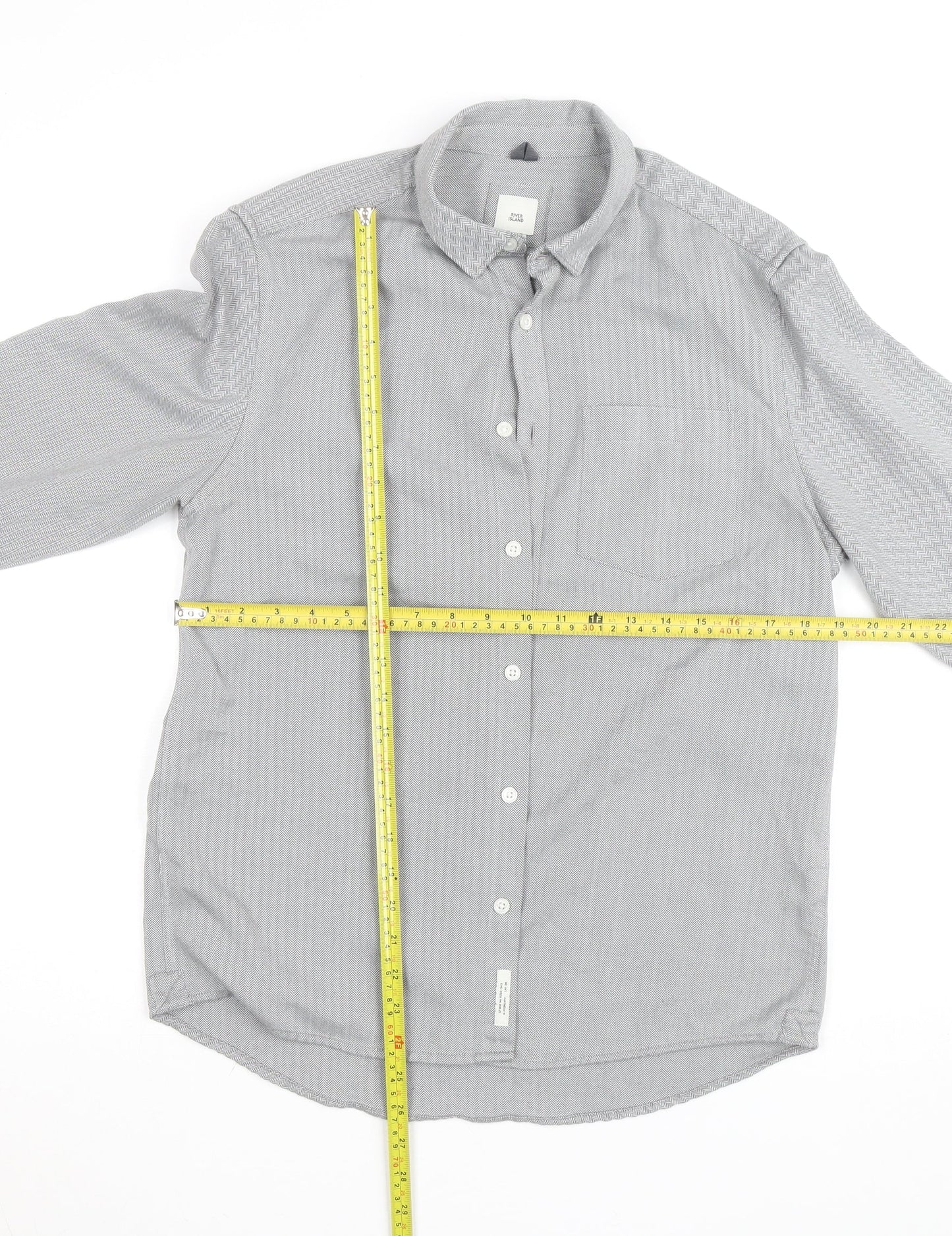 River Island Men's Grey Herringbone Cotton Long Sleeve Button-Up Shirt M