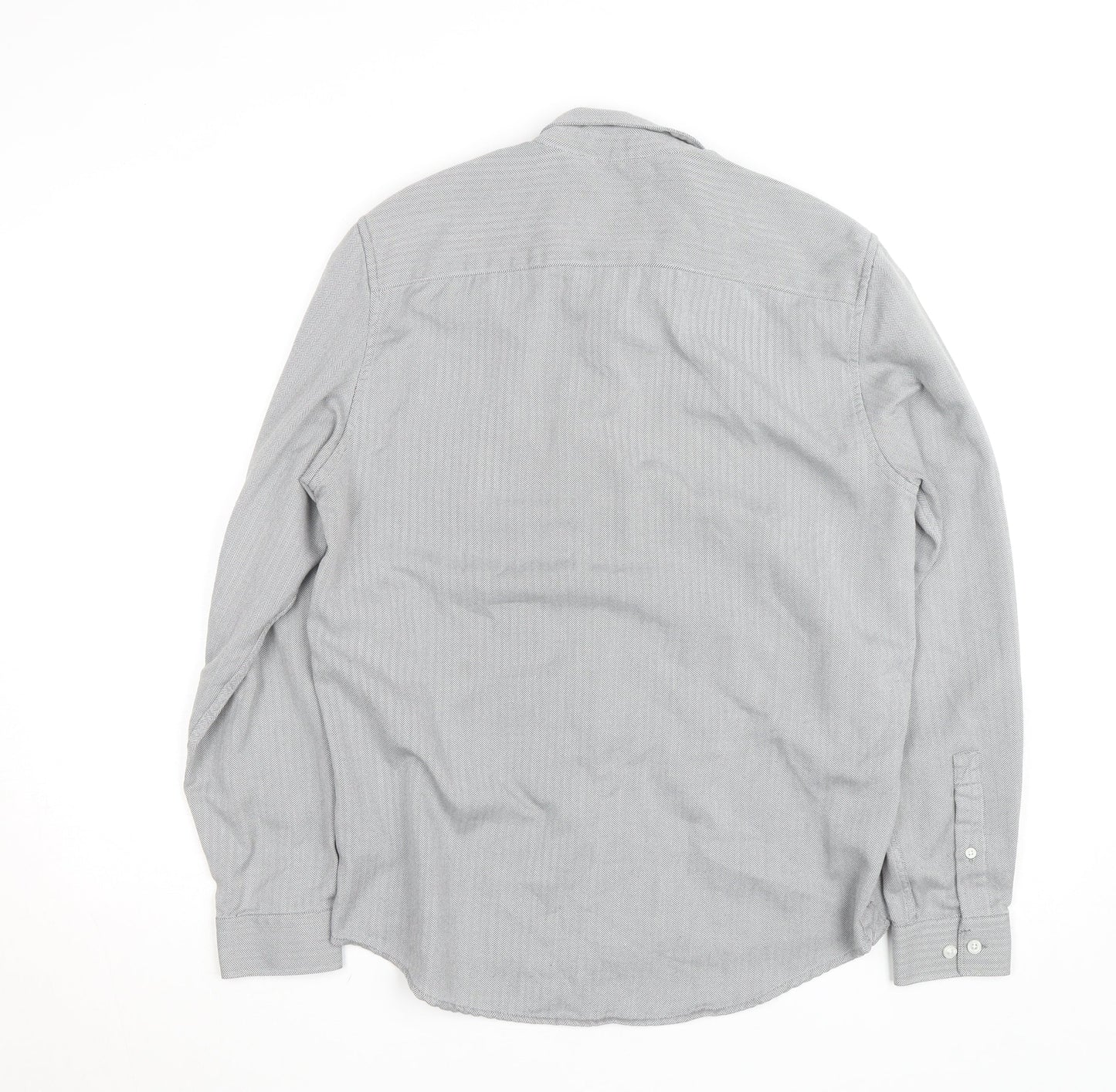 River Island Men's Grey Herringbone Cotton Long Sleeve Button-Up Shirt M