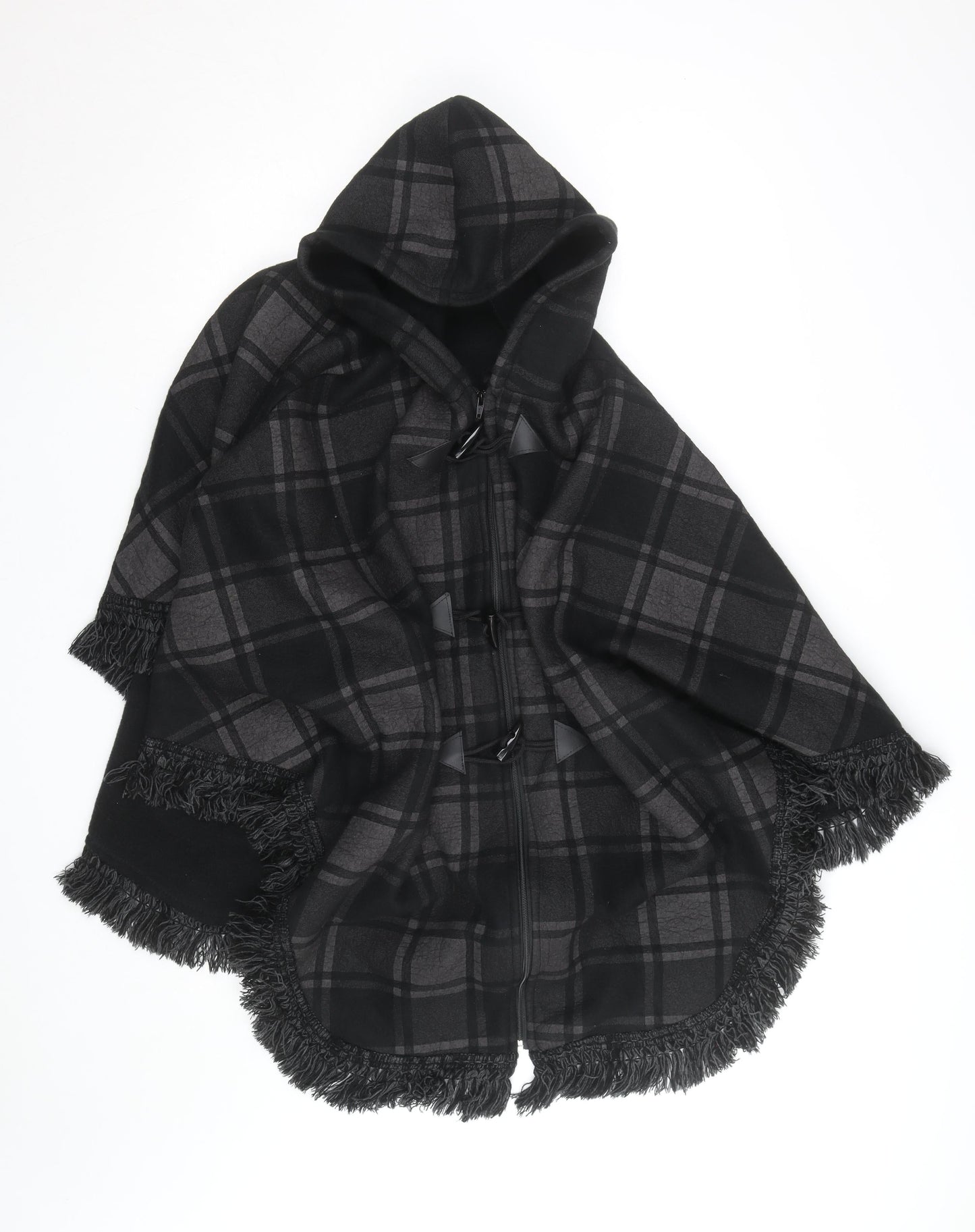 Feminine Women's Black Check Hooded Cape Poncho L