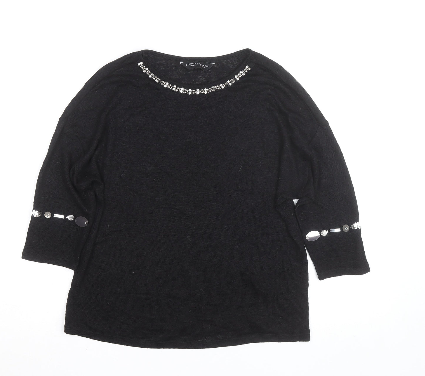 Dorothy Perkins Women's Black Beaded 3/4 Sleeve Knit Blouse Size 14