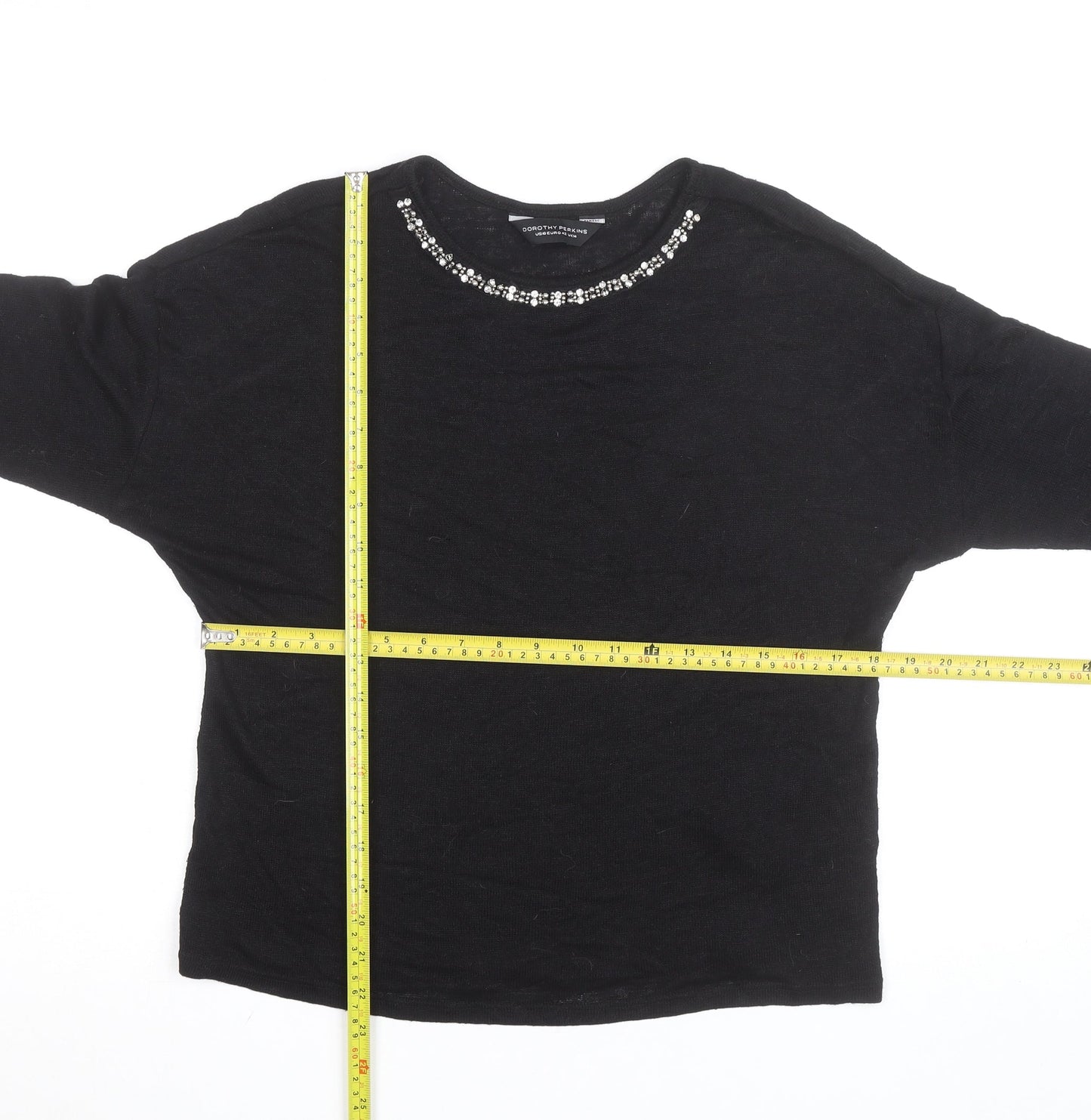 Dorothy Perkins Women's Black Beaded 3/4 Sleeve Knit Blouse Size 14
