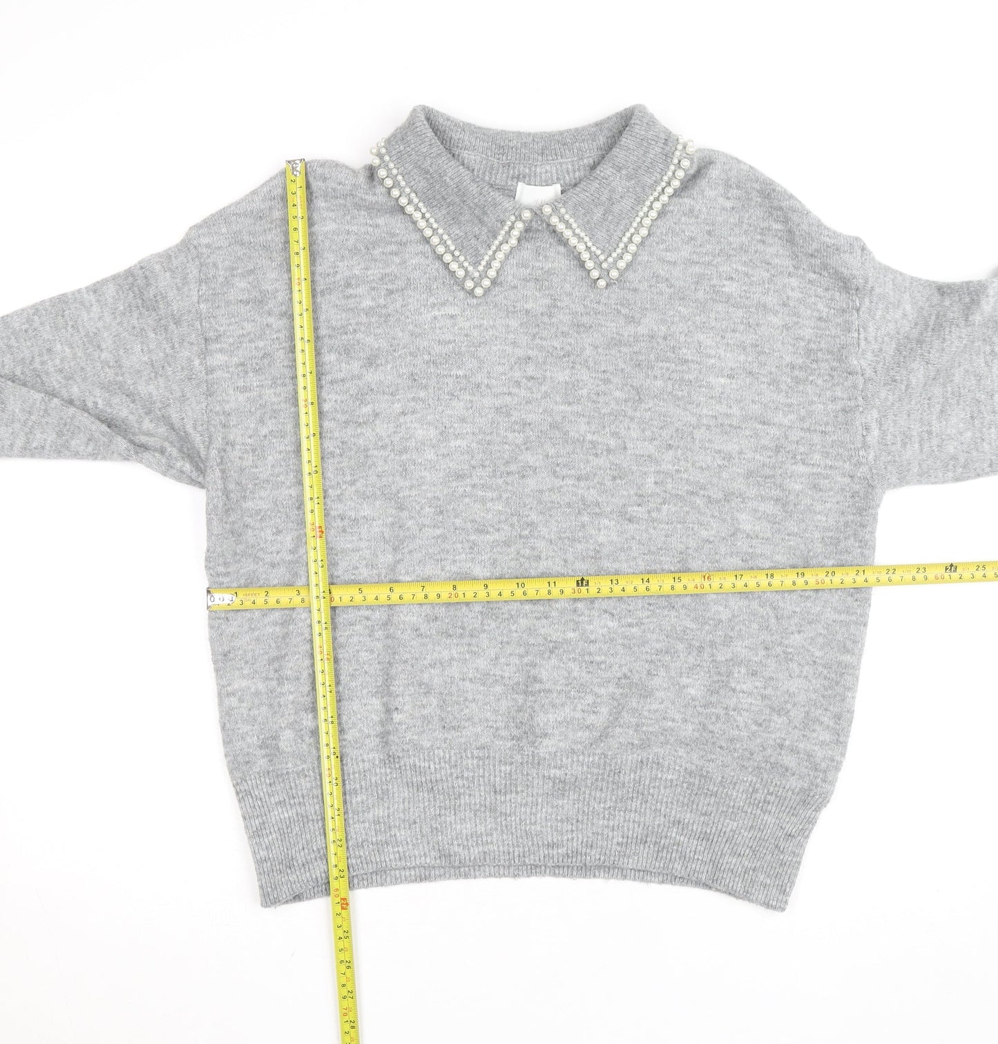H&M Women Grey Beaded Collar Knit Pullover Jumper Size L