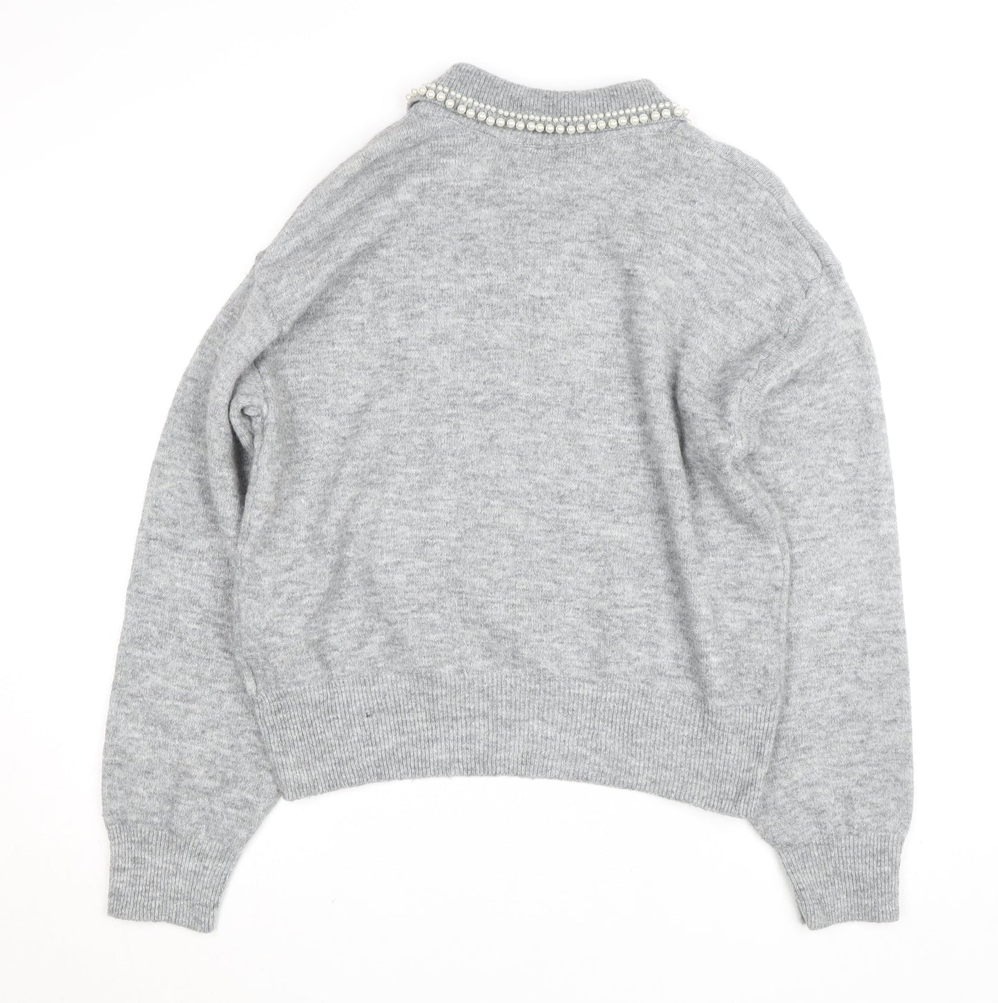 H&M Women Grey Beaded Collar Knit Pullover Jumper Size L