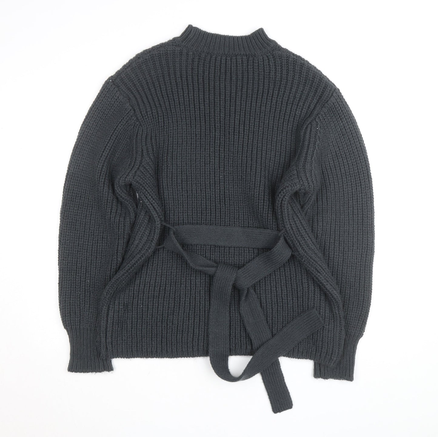 Zara Women Grey Mock Neck Waffle Knit Belted Jumper Size 12