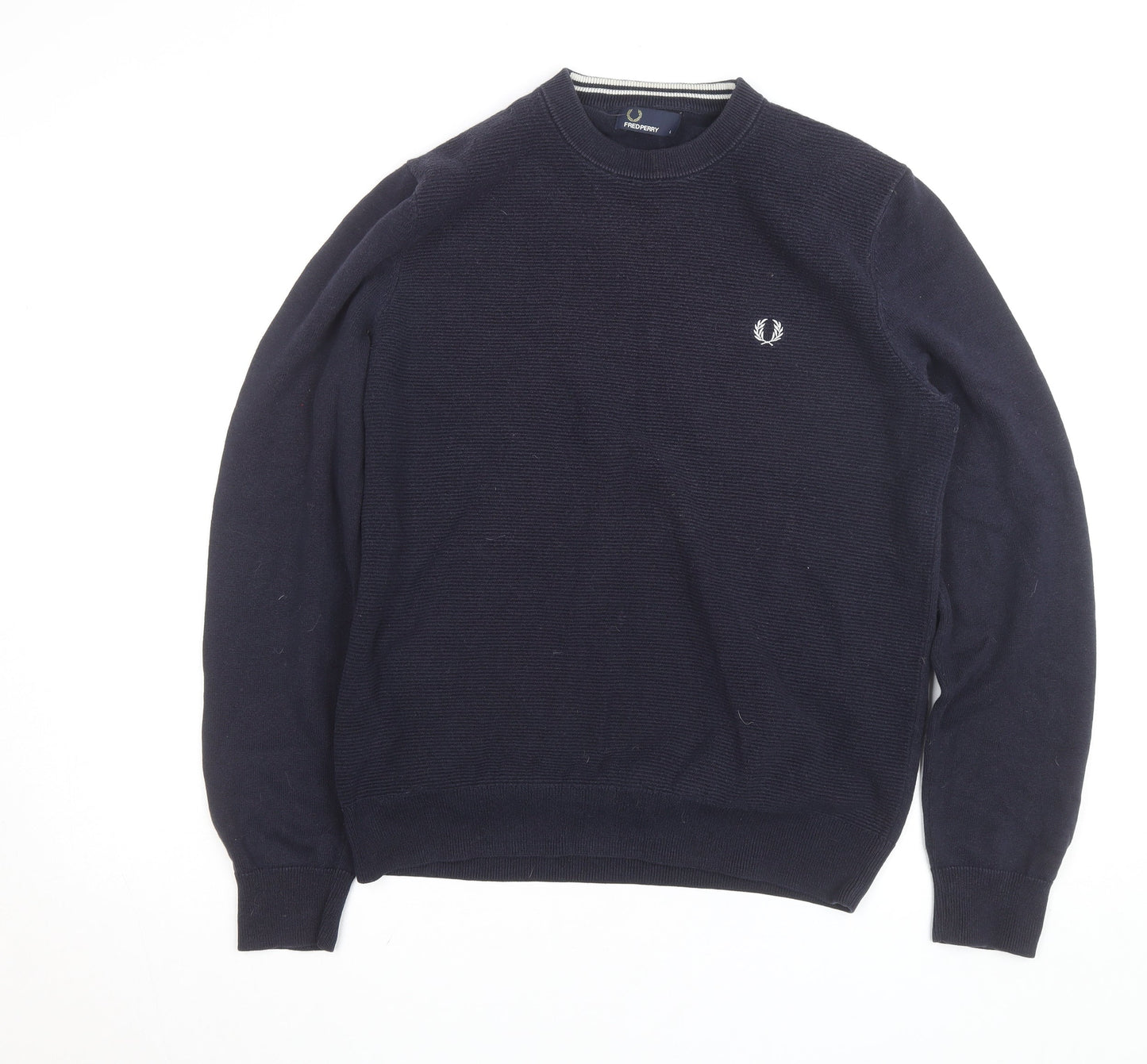 Fred Perry Men’s Blue Cotton Crew Neck Jumper Size L Classic Logo Knit