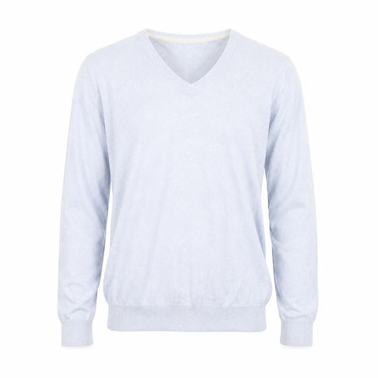 Front view of Crew Clothing Men's Blue V-Neck Cotton Cashmere Jumper, size M
