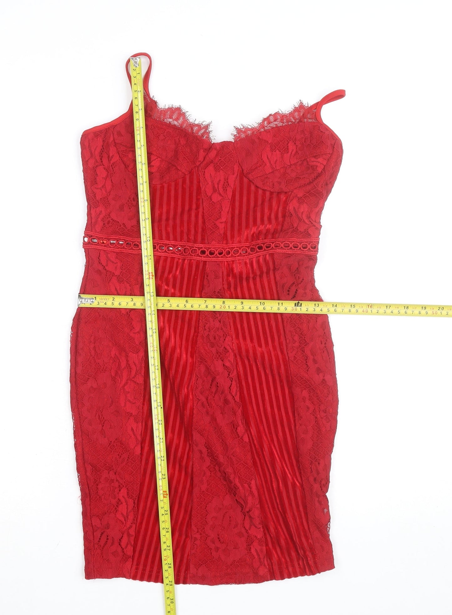 PrettyLittleThing Women's Red Lace Bodycon Dress Size 8