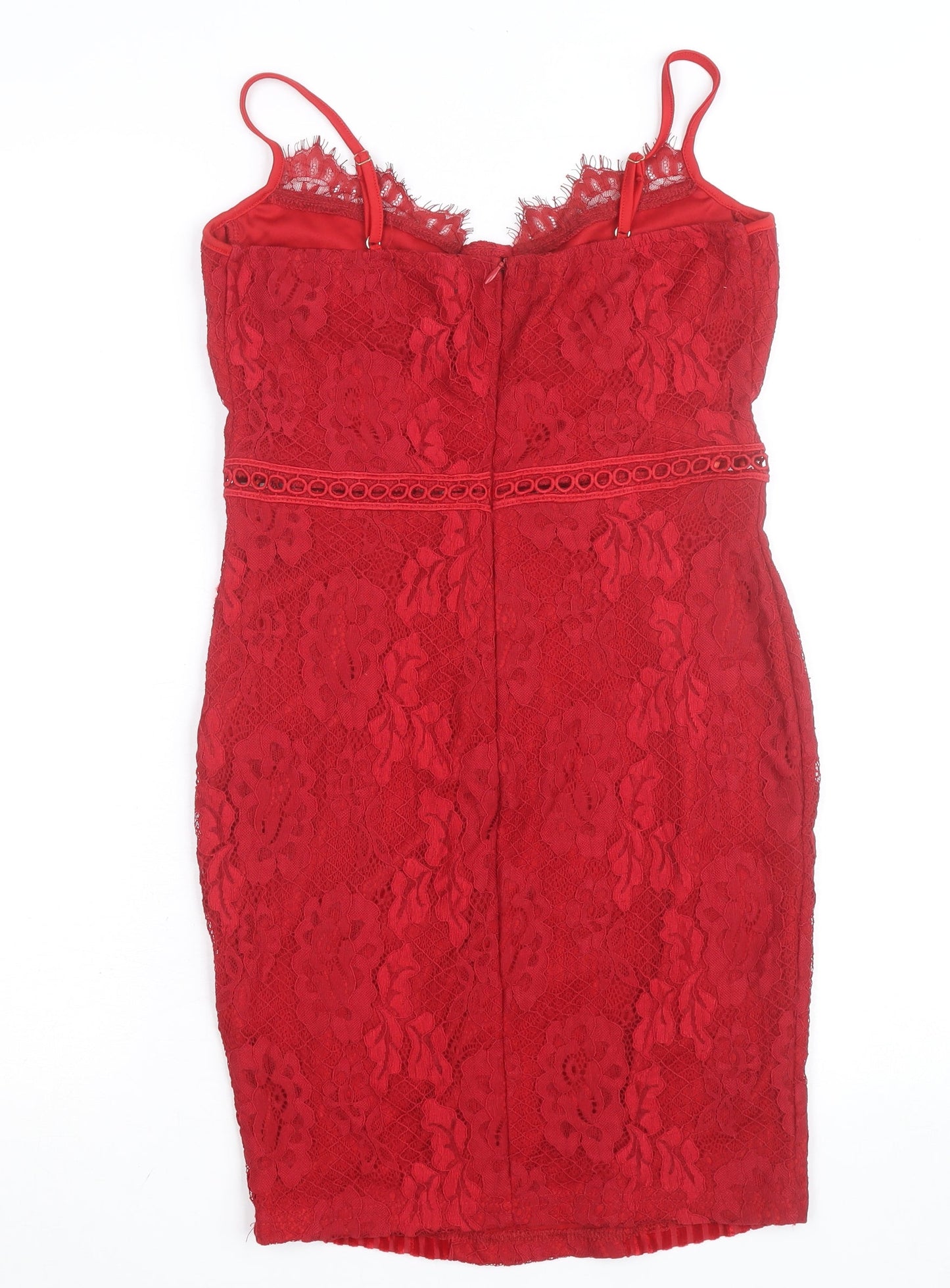 PrettyLittleThing Women's Red Lace Bodycon Dress Size 8