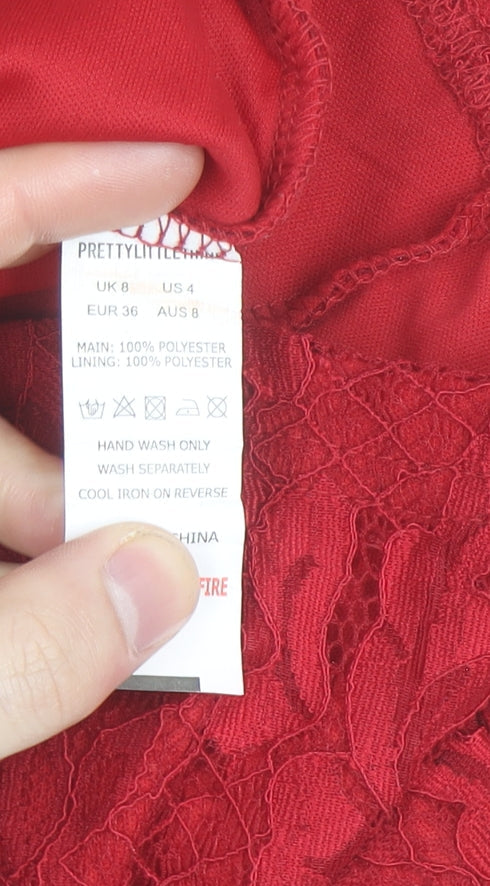 PrettyLittleThing Women's Red Lace Bodycon Dress Size 8