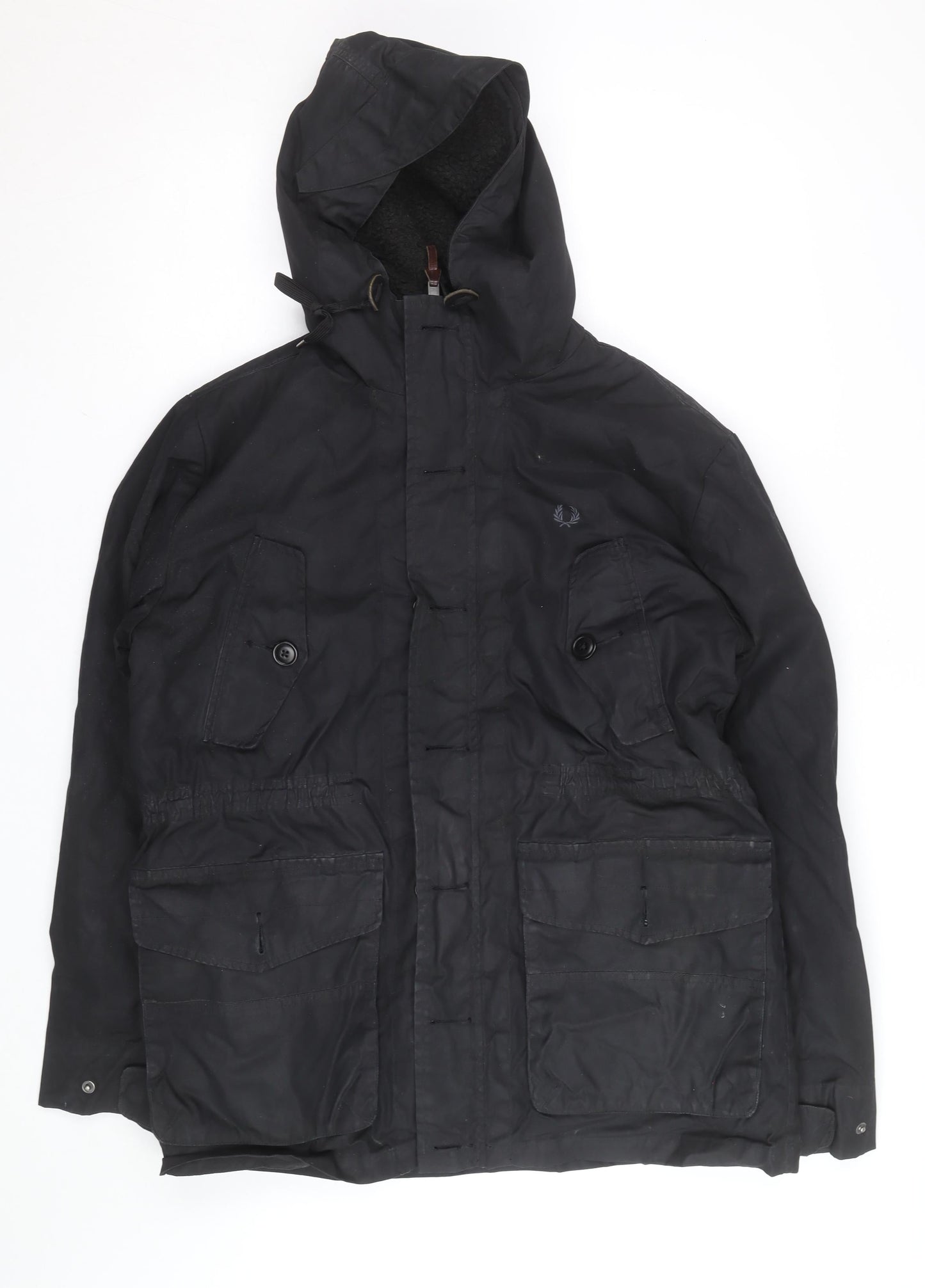 Fred Perry Men's Black Cotton Hooded Parka Jacket Size M